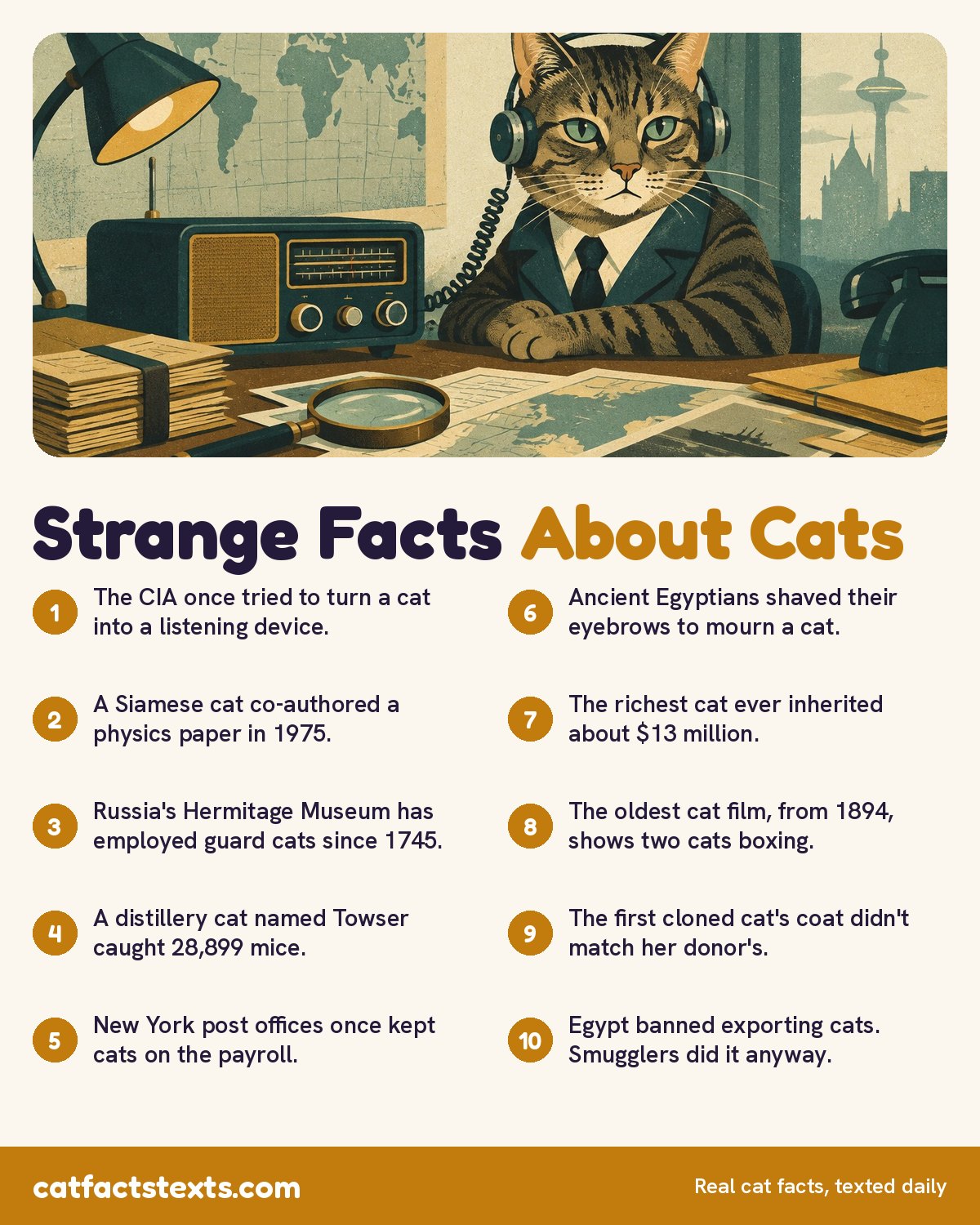 Infographic: strange facts about cats, including the CIA spy cat project, a cat that co-authored a physics paper, and the Hermitage Museum guard cats